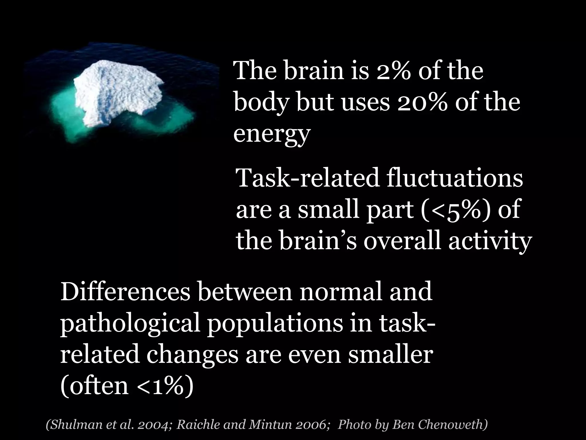The brain is 2% of the
                             body but uses 20% of the
                             energy
                              Task-related fluctuations
                              are a small part (<5%) of
                              the brain‟s overall activity
  Differences between normal and
  pathological populations in task-
  related changes are even smaller
  (often <1%)
(Shulman et al. 2004; Raichle and Mintun 2006; Photo by Ben Chenoweth)
 