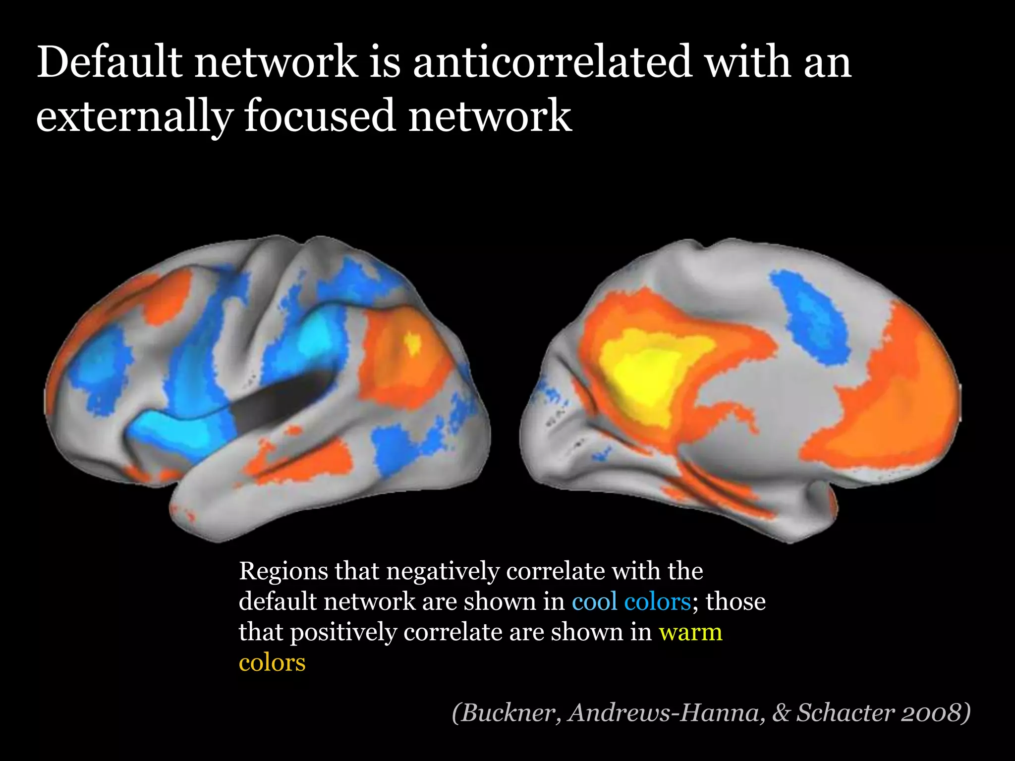 Default network is anticorrelated with an
externally focused network




          Regions that negatively correlate with the
          default network are shown in cool colors; those
          that positively correlate are shown in warm
          colors
                            (Buckner, Andrews-Hanna, & Schacter 2008)
 