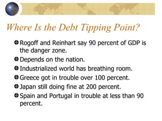 Where Is the Debt Tipping Point?
   Rogoff and Reinhart say 90 percent of GDP is
   the danger zone.
   Depends on the nation.
   Industrialized world has breathing room.
   Greece got in trouble over 100 percent.
   Japan still doing fine at 200 percent.
   Spain and Portugal in trouble at less than 90
   percent.
 