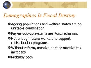 Demographics Is Fiscal Destiny
   Ageing populations and welfare states are an
   unstable combination.
   Pay-as-you-go systems are Ponzi schemes.
   Not enough future workers to support
   redistribution programs.
   Without reform, massive debt or massive tax
   increases.
   Probably both
 