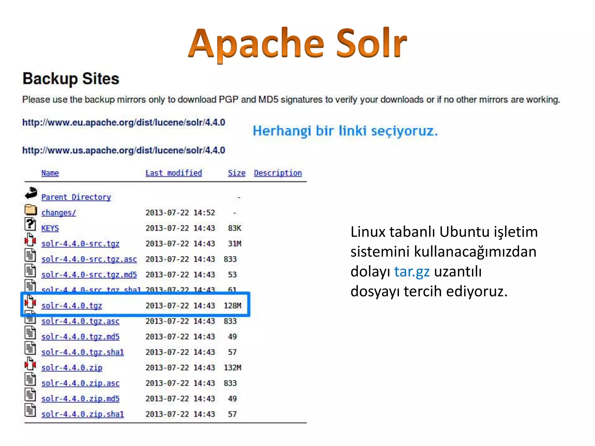 Linux tabanlı Ubuntu işletim
sistemini kullanacağımızdan
dolayı tar.gz uzantılı
dosyayı tercih ediyoruz.

 
