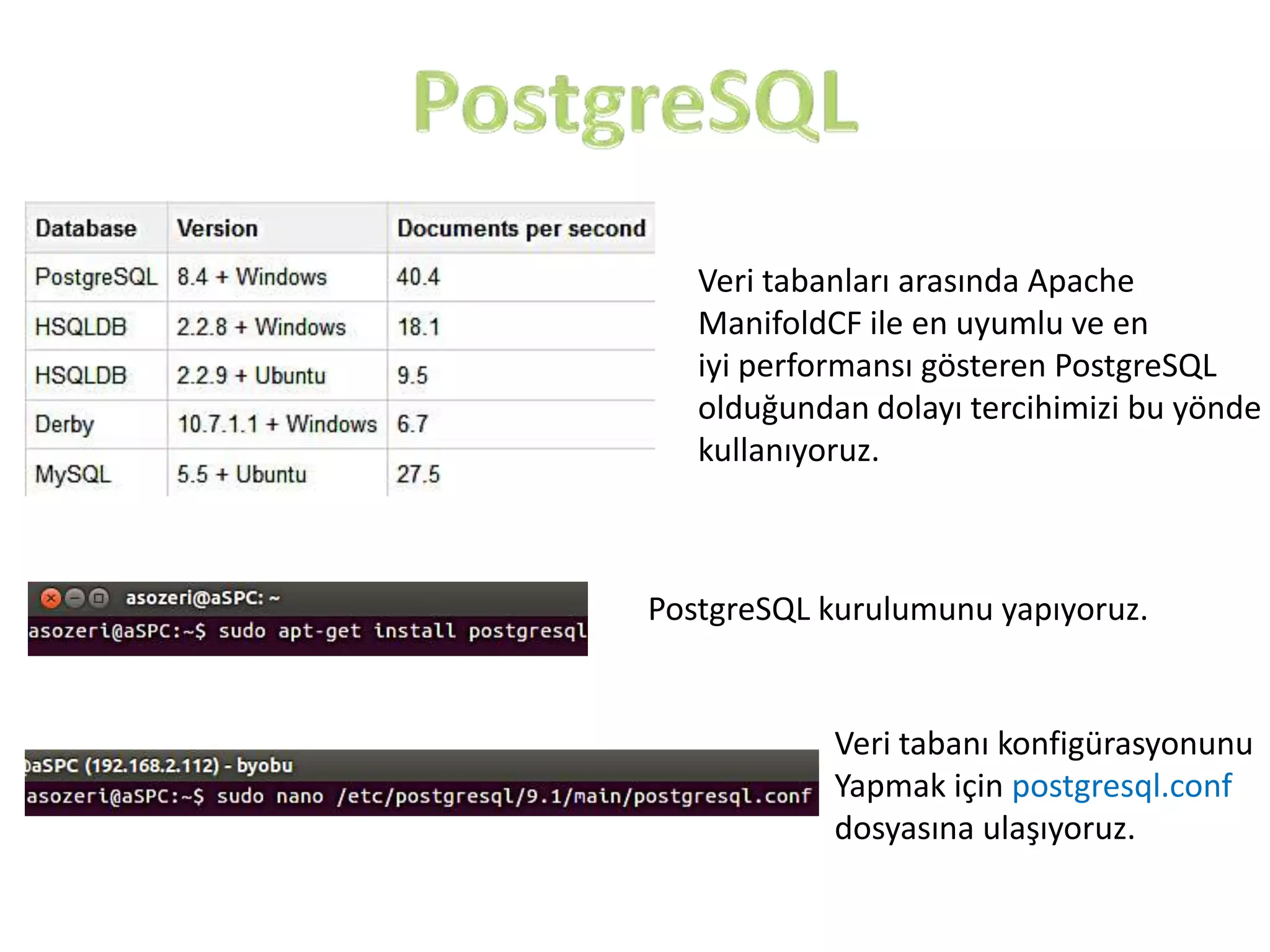 Veri tabanları arasında Apache
ManifoldCF ile en uyumlu ve en
iyi performansı gösteren PostgreSQL
olduğundan dolayı tercihimizi bu yönde
kullanıyoruz.

PostgreSQL kurulumunu yapıyoruz.

Veri tabanı konfigürasyonunu
Yapmak için postgresql.conf
dosyasına ulaşıyoruz.

 