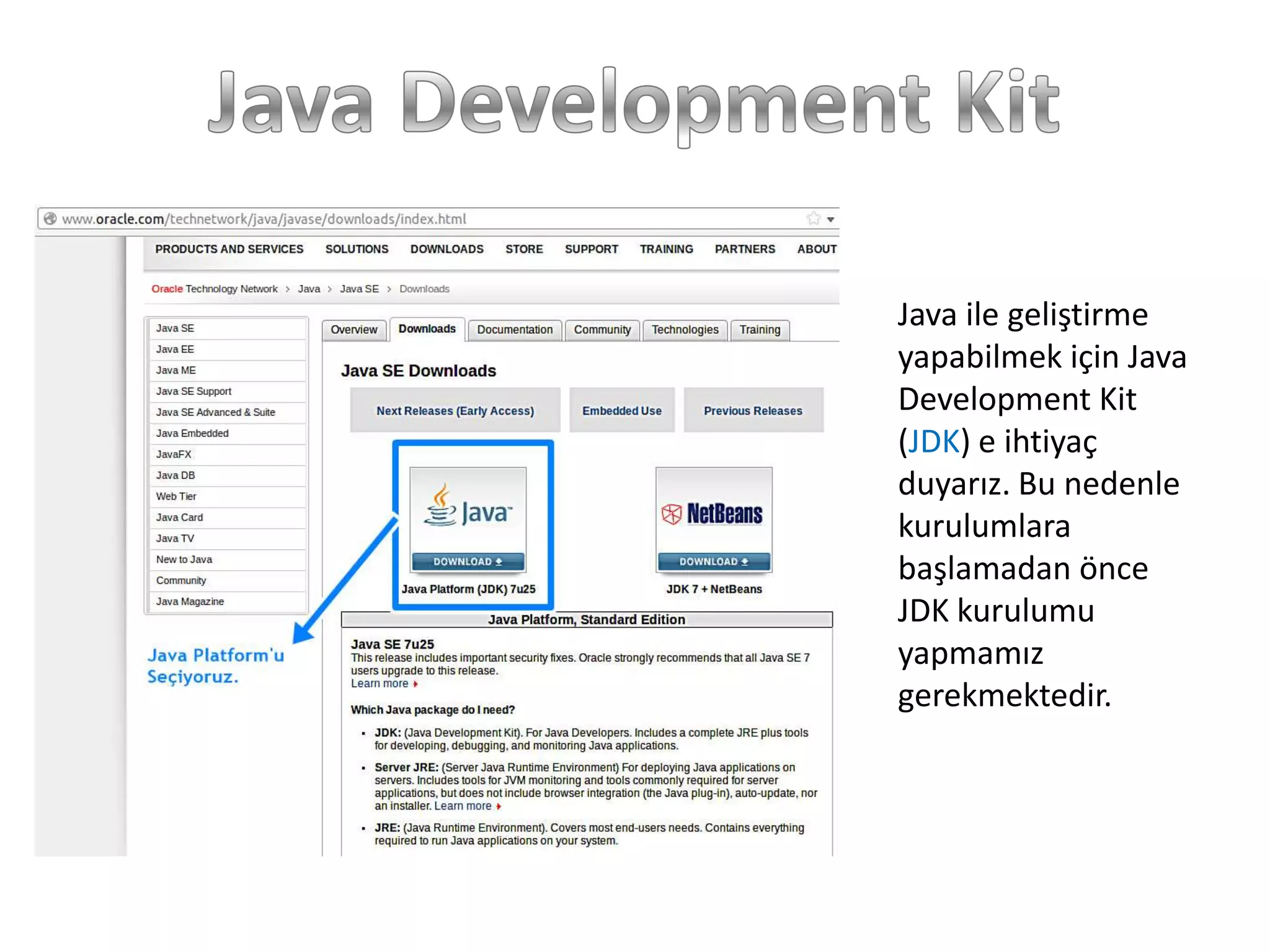 Java ile geliştirme
yapabilmek için Java
Development Kit
(JDK) e ihtiyaç
duyarız. Bu nedenle
kurulumlara
başlamadan önce
JDK kurulumu
yapmamız
gerekmektedir.

 