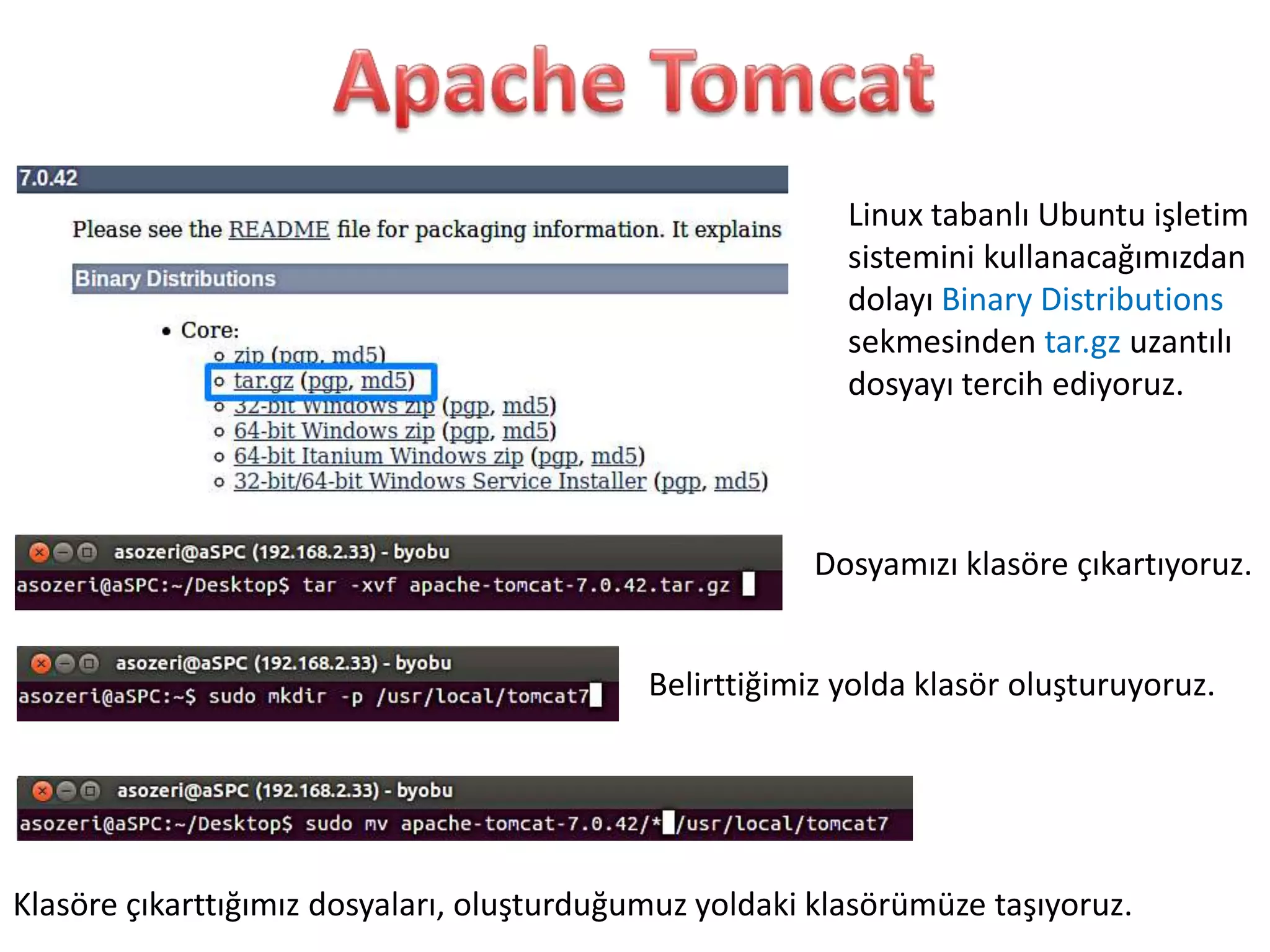 Linux tabanlı Ubuntu işletim
sistemini kullanacağımızdan
dolayı Binary Distributions
sekmesinden tar.gz uzantılı
dosyayı tercih ediyoruz.

Dosyamızı klasöre çıkartıyoruz.
Belirttiğimiz yolda klasör oluşturuyoruz.

Klasöre çıkarttığımız dosyaları, oluşturduğumuz yoldaki klasörümüze taşıyoruz.

 