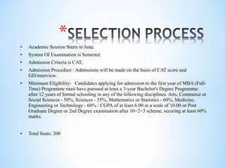 • Academic Session Starts in June.
• System Of Examination is Semester
• Admission Criteria is CAT,
• Admission Procedure : Admissions will be made on the basis of CAT score and
GD/interview.
• Minimum Eligibility: Candidates applying for admission to the first year of MBA (Full-
Time) Programme must have pursued at least a 3-year Bachelor's Degree Programme
after 12 years of formal schooling in any of the following disciplines. Arts, Commerce or
Social Sciences - 50%, Sciences - 55%, Mathematics or Statistics - 60%, Medicine,
Engineering or Technology - 60% / CGPA of at least 6.00 in a scale of 10.00 or Post
Graduate Degree or 2nd Degree examination after 10+2+3 scheme, securing at least 60%
marks.
• Total Seats: 200
 