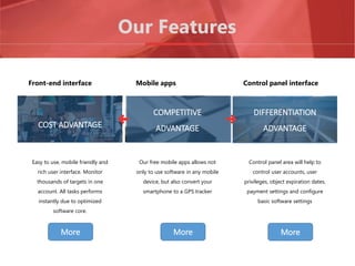 Our Features
Easy to use, mobile friendly and
rich user interface. Monitor
thousands of targets in one
account. All tasks performs
instantly due to optimized
software core.
Our free mobile apps allows not
only to use software in any mobile
device, but also convert your
smartphone to a GPS tracker
Control panel area will help to
control user accounts, user
privileges, object expiration dates,
payment settings and configure
basic software settings
COST ADVANTAGE
DIFFERENTIATION
ADVANTAGE
COMPETITIVE
ADVANTAGE
Front-end interface Mobile apps Control panel interface
More More More
 
