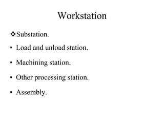 Workstation
Substation.
• Load and unload station.
• Machining station.
• Other processing station.
• Assembly.
 