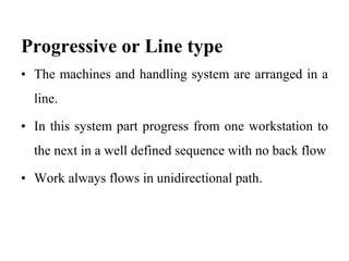 Progressive or Line type
• The machines and handling system are arranged in a
line.
• In this system part progress from one workstation to
the next in a well defined sequence with no back flow
• Work always flows in unidirectional path.
 