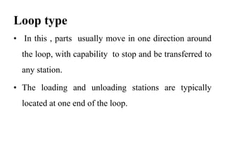 Loop type
• In this , parts usually move in one direction around
the loop, with capability to stop and be transferred to
any station.
• The loading and unloading stations are typically
located at one end of the loop.
 