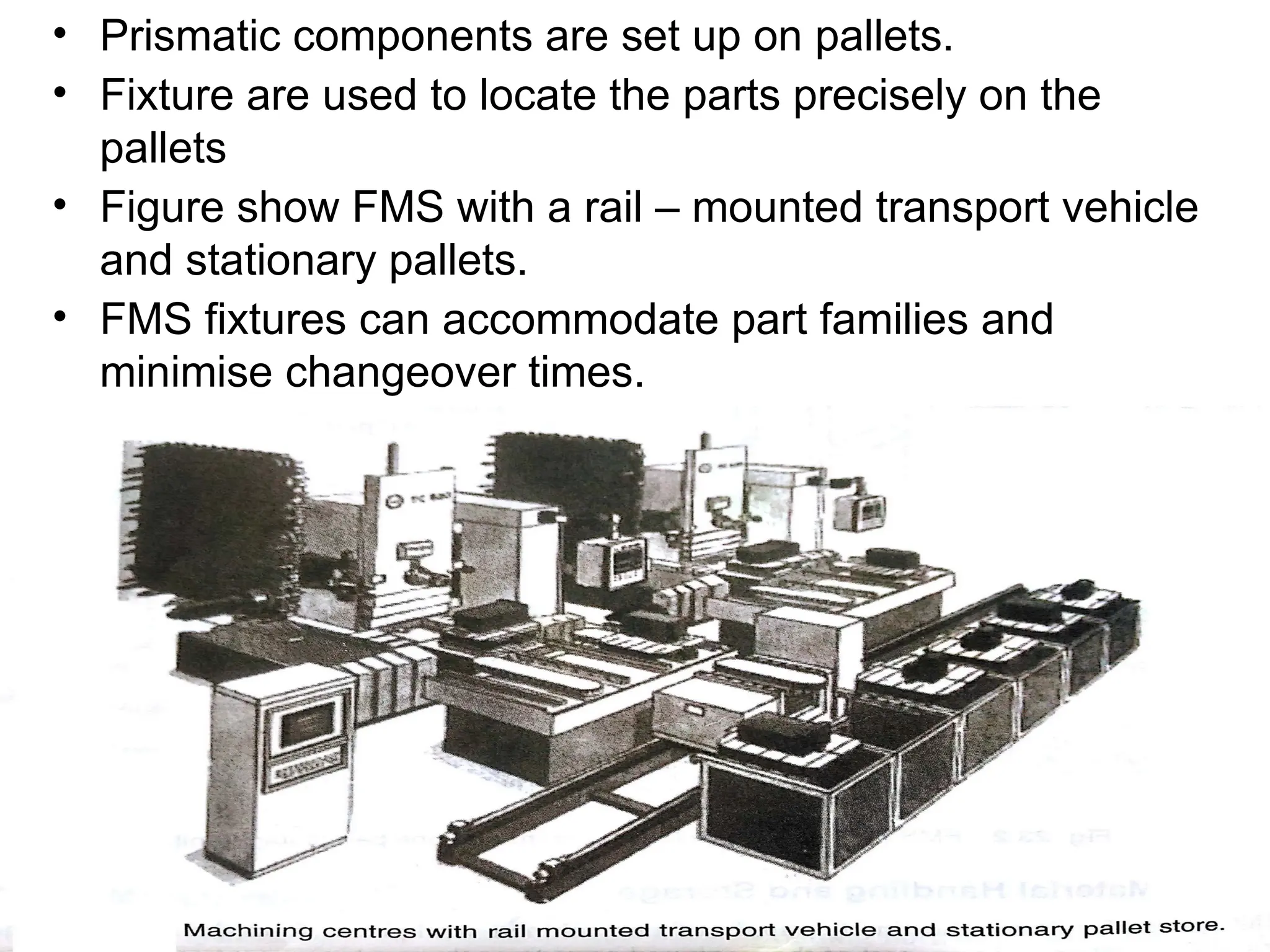 • Prismatic components are set up on pallets.
• Fixture are used to locate the parts precisely on the
pallets
• Figure show FMS with a rail – mounted transport vehicle
and stationary pallets.
• FMS fixtures can accommodate part families and
minimise changeover times.
 