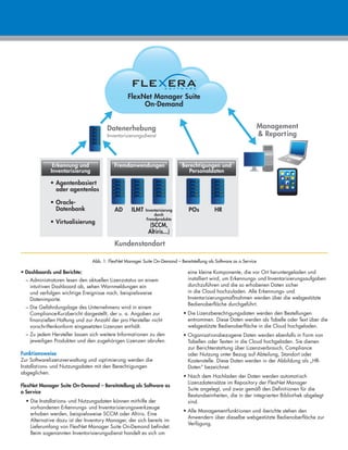 • Dashboards und Berichte:
– Administratoren lesen den aktuellen Lizenzstatus an einem
intuitiven Dashboard ab, sehen Warnmeldungen ein
und verfolgen wichtige Ereignisse nach, beispielsweise
Datenimporte.
– Die Gefährdungslage des Unternehmens wird in einem
Compliance-Kurzbericht dargestellt, der u. a. Angaben zur
finanziellen Haftung und zur Anzahl der pro Hersteller nicht
vorschriftenkonform eingesetzten Lizenzen enthält.
– Zu jedem Hersteller lassen sich weitere Informationen zu den
jeweiligen Produkten und den zugehörigen Lizenzen abrufen.
Funktionsweise
Zur Softwarelizenzverwaltung und -optimierung werden die
Installations- und Nutzungsdaten mit den Berechtigungen
abgeglichen.
FlexNet Manager Suite On-Demand – Bereitstellung als Software as
a Service
• Die Installations- und Nutzungsdaten können mithilfe der
vorhandenen Erkennungs- und Inventarisierungswerkzeuge
erhoben werden, beispielsweise SCCM oder Altiris. Eine
Alternative dazu ist der Inventory Manager, der sich bereits im
Lieferumfang von FlexNet Manager Suite On-Demand befindet.
Beim sogenannten Inventorisierungsdienst handelt es sich um
eine kleine Komponente, die vor Ort heruntergeladen und
installiert wird, um Erkennungs- und Inventarisierungsaufgaben
durchzuführen und die so erhobenen Daten sicher
in die Cloud hochzuladen. Alle Erkennungs- und
Inventarisierungsmaßnahmen werden über die webgestützte
Bedienoberfläche durchgeführt.
• Die Lizenzberechtigungsdaten werden den Bestellungen
entnommen. Diese Daten werden als Tabelle oder Text über die
webgestützte Bedienoberfläche in die Cloud hochgeladen.
• Organisationsbezogene Daten werden ebenfalls in Form von
Tabellen oder Texten in die Cloud hochgeladen. Sie dienen
zur Berichterstattung über Lizenzverbrauch, Compliance
oder Nutzung unter Bezug auf Abteilung, Standort oder
Kostenstelle. Diese Daten werden in der Abbildung als „HR-
Daten“ bezeichnet.
• Nach dem Hochladen der Daten werden automatisch
Lizenzdatensätze im Repository der FlexNet Manager
Suite angelegt, und zwar gemäß den Definitionen für die
Bestandseinheiten, die in der integrierten Bibliothek abgelegt
sind.
• Alle Managementfunktionen und -berichte stehen den
Anwendern über dieselbe webgestützte Bedienoberfläche zur
Verfügung.
Abb. 1: FlexNet Manager Suite On-Demand – Bereitstellung als Software as a Service
FlexNet Manager Suite
On-Demand
Erkennung und
Inventarisierung
Fremdanwendungen Berechtigungen und
Personaldaten
AD
Kundenstandort
Management
 Reporting
Datenerhebung
Inventorisierungsdienst
• Agentenbasiert
oder agentenlos
• Oracle-
Datenbank
• Virtualisierung
ILMT HRInventarisierung
durch
Fremdprodukte
(SCCM,
Altiris...)
POs
 