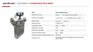 Specification | Fuel Station – Coriolis Mass Flow Meter
Titles Technical Specifications
Mass flow accuracy ±[0.2% + （ zero stability /flow rate×100% ） ]
Mass flow repeatability ±(1/2) ×[0.2% + （ zero stability /flow rate×100% ） ]
Density range 0.2 g /cm 3 ～ 3.5g /cm 3
Density accuracy ± 0.002g /cm 3
Temperature range -60℃ ～ + 200℃
Temperature accuracy ± 1℃
Output of current loop 4mA ～ 20mA
Output of frequency/pulse 0Hz ～ 10kHz
Contactor capacity of a Batch Control relay 24V/ 0.1A
Contactor form
normal open (would be changed to normal close while
special order)
 