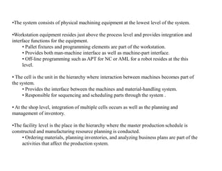 •The system consists of physical machining equipment at the lowest level of the system.

•Workstation equipment resides just above the process level and provides integration and
interface functions for the equipment.
      • Pallet fixtures and programming elements are part of the workstation.
      • Provides both man-machine interface as well as machine-part interface.
      • Off-line programming such as APT for NC or AML for a robot resides at the this
      level.

• The cell is the unit in the hierarchy where interaction between machines becomes part of
the system.
     • Provides the interface between the machines and material-handling system.
     • Responsible for sequencing and scheduling parts through the system .

• At the shop level, integration of multiple cells occurs as well as the planning and
management of inventory.

•The facility level is the place in the hierarchy where the master production schedule is
constructed and manufacturing resource planning is conducted.
     • Ordering materials, planning inventories, and analyzing business plans are part of the
     activities that affect the production system.
 
