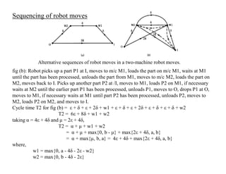 Sequencing of robot moves




            Alternative sequences of robot moves in a two-machine robot moves.
fig (b): Robot picks up a part P1 at I, moves to m/c M1, loads the part on m/c M1, waits at M1
until the part has been processed, unloads the part from M1, moves to m/c M2, loads the part on
M2, moves back to I. Picks up another part P2 at /I, moves to M1, loads P2 on M1, if necessary
waits at M2 until the earlier part P1 has been processed, unloads P1, moves to O, drops P1 at O,
moves to M1, if necessary waits at M1 until part P2 has been processed, unloads P2, moves to
M2, loads P2 on M2, and moves to I.
Cycle time T2 for fig (b) = ε + δ + ε + 2δ + w1 + ε + δ + ε + 2δ + ε + δ + ε + δ + w2
                        T2 = 6ε + 8δ + w1 + w2
taking α = 4ε + 4δ and µ = 2ε + 4δ,
                        T2 = α + µ + w1 + w2
                           = α + µ + max{0, b - µ} + max{2ε + 4δ, a, b}
                           = α + max{µ, b, a} = 4ε + 4δ + max{2ε + 4δ, a, b}
where,
           w1 = max{0, a - 4δ - 2ε - w2}
           w2 = max{0, b - 4δ - 2ε}
 