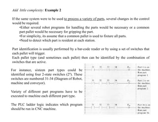Add little complexity: Example 2

If the same system were to be used to process a variety of parts, several changes in the control
would be required.
      •Either several robot programs for handling the parts would be necessary or a common
      part pallet would be necessary for gripping the part.
      •For simplicity, its assume that a common pallet is used to fixture all parts.
      •Need to detect which part is resident at each station.

Part identification is usually performed by a bar-code reader or by using a set of switches that
each pallet will trigger.
Each pallet type (and sometimes each pallet) then can be identified by the combination of
switches that are active.

For instance, sixteen part types could be
identified using four 2-state switches (24). These
switches are numbered 31-34 (Diagram of Robot,
machine and conveyor).

Variety of different part programs have to be
executed to machine each different part type.

The PLC ladder logic indicates which program
should be run in CNC machine.
 