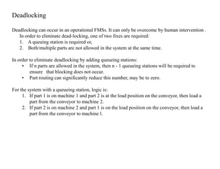 Deadlocking

Deadlocking can occur in an operational FMSs. It can only be overcome by human intervention .
   In order to eliminate dead-locking, one of two fixes are required:
   1. A queuing station is required or,
   2. Both/multiple parts are not allowed in the system at the same time.

In order to eliminate deadlocking by adding queueing stations:
     • If n parts are allowed in the system, then n - 1 queueing stations will be required to
         ensure that blocking does not occur.
     • Part routing can significantly reduce this number, may be to zero.

For the system with a queueing station, logic is:
     1. If part 1 is on machine 1 and part 2 is at the load position on the conveyor, then load a
         part from the conveyor to machine 2.
     2. If part 2 is on machine 2 and part 1 is on the load position on the conveyor, then load a
         part from the conveyor to machine l.
 