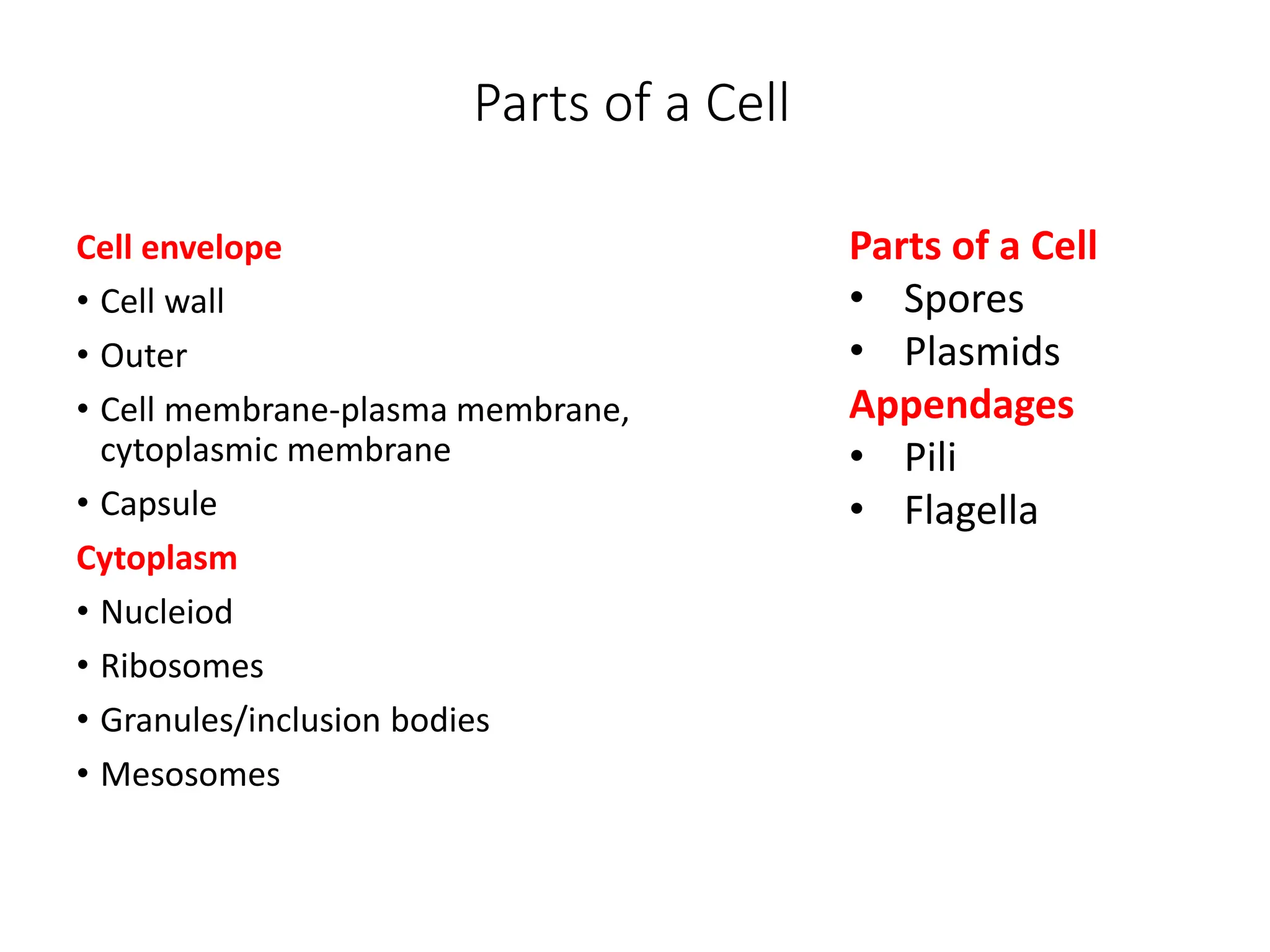 Parts of a Cell
Cell envelope
• Cell wall
• Outer
• Cell membrane-plasma membrane,
cytoplasmic membrane
• Capsule
Cytoplasm
• Nucleiod
• Ribosomes
• Granules/inclusion bodies
• Mesosomes
Parts of a Cell
• Spores
• Plasmids
Appendages
• Pili
• Flagella
 
