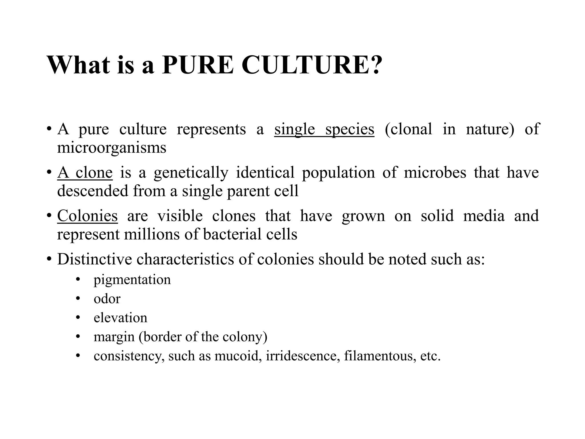 What is a PURE CULTURE?
• A pure culture represents a single species (clonal in nature) of
microorganisms
• A clone is a genetically identical population of microbes that have
descended from a single parent cell
• Colonies are visible clones that have grown on solid media and
represent millions of bacterial cells
• Distinctive characteristics of colonies should be noted such as:
• pigmentation
• odor
• elevation
• margin (border of the colony)
• consistency, such as mucoid, irridescence, filamentous, etc.
 
