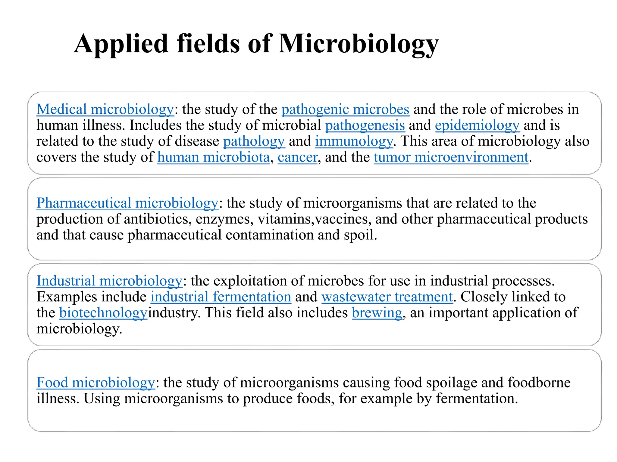 Applied fields of Microbiology
Medical microbiology: the study of the pathogenic microbes and the role of microbes in
human illness. Includes the study of microbial pathogenesis and epidemiology and is
related to the study of disease pathology and immunology. This area of microbiology also
covers the study of human microbiota, cancer, and the tumor microenvironment.
Pharmaceutical microbiology: the study of microorganisms that are related to the
production of antibiotics, enzymes, vitamins,vaccines, and other pharmaceutical products
and that cause pharmaceutical contamination and spoil.
Industrial microbiology: the exploitation of microbes for use in industrial processes.
Examples include industrial fermentation and wastewater treatment. Closely linked to
the biotechnologyindustry. This field also includes brewing, an important application of
microbiology.
Food microbiology: the study of microorganisms causing food spoilage and foodborne
illness. Using microorganisms to produce foods, for example by fermentation.
 