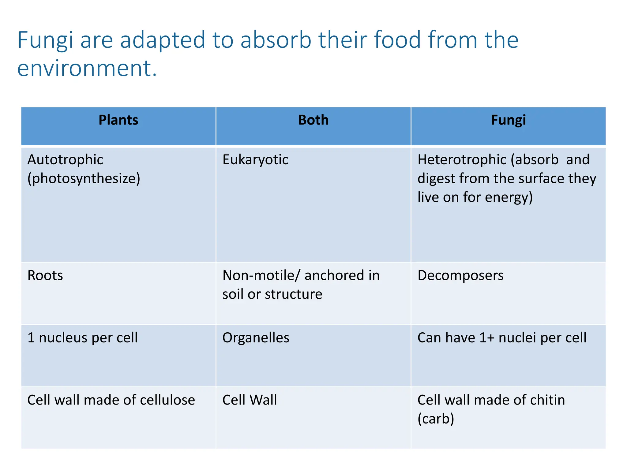 Fungi are adapted to absorb their food from the
environment.
Plants Both Fungi
Autotrophic
(photosynthesize)
Eukaryotic Heterotrophic (absorb and
digest from the surface they
live on for energy)
Roots Non-motile/ anchored in
soil or structure
Decomposers
1 nucleus per cell Organelles Can have 1+ nuclei per cell
Cell wall made of cellulose Cell Wall Cell wall made of chitin
(carb)
 