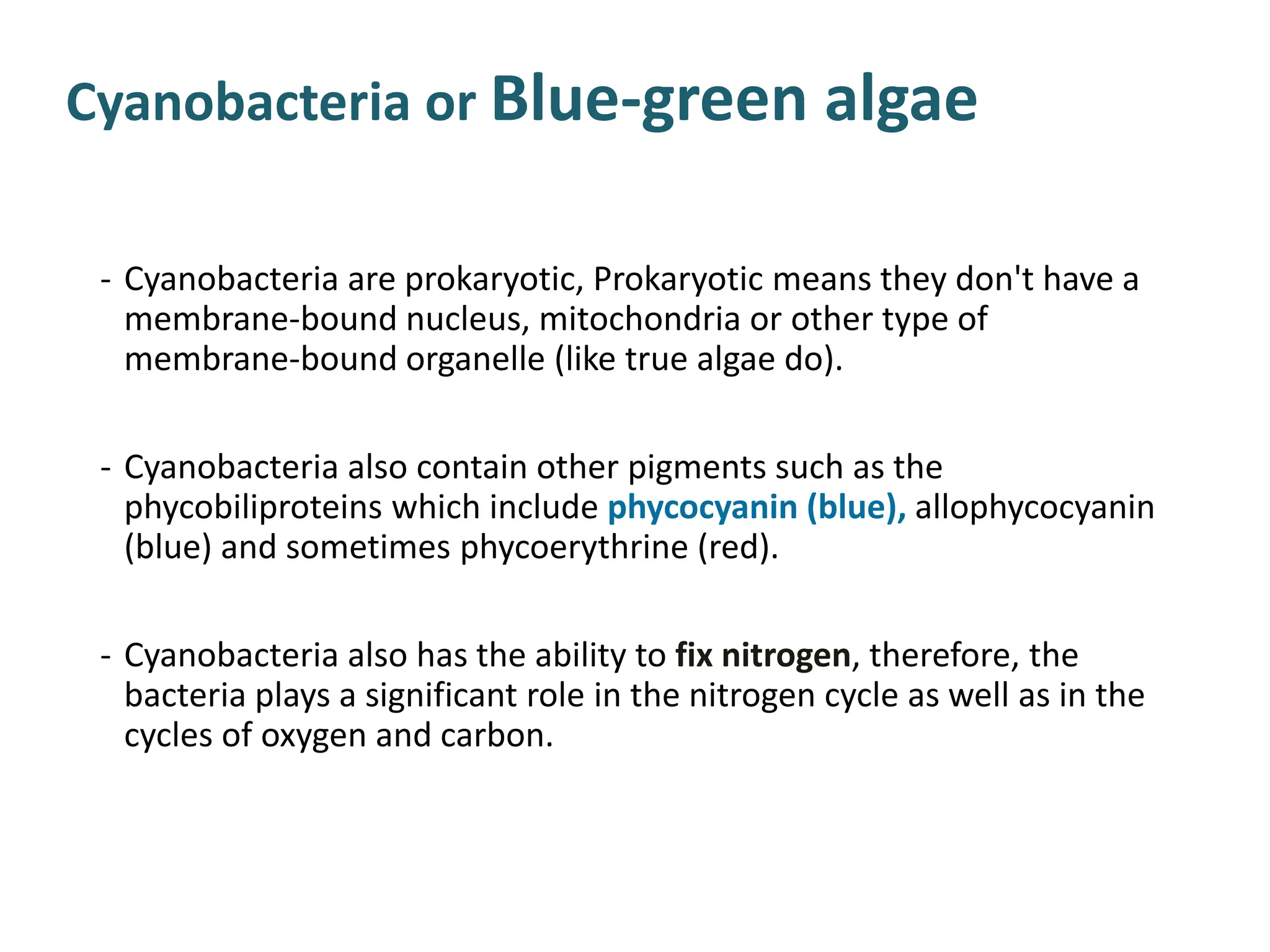 Cyanobacteria or Blue-green algae
- Cyanobacteria are prokaryotic, Prokaryotic means they don't have a
membrane-bound nucleus, mitochondria or other type of
membrane-bound organelle (like true algae do).
- Cyanobacteria also contain other pigments such as the
phycobiliproteins which include phycocyanin (blue), allophycocyanin
(blue) and sometimes phycoerythrine (red).
- Cyanobacteria also has the ability to fix nitrogen, therefore, the
bacteria plays a significant role in the nitrogen cycle as well as in the
cycles of oxygen and carbon.
 