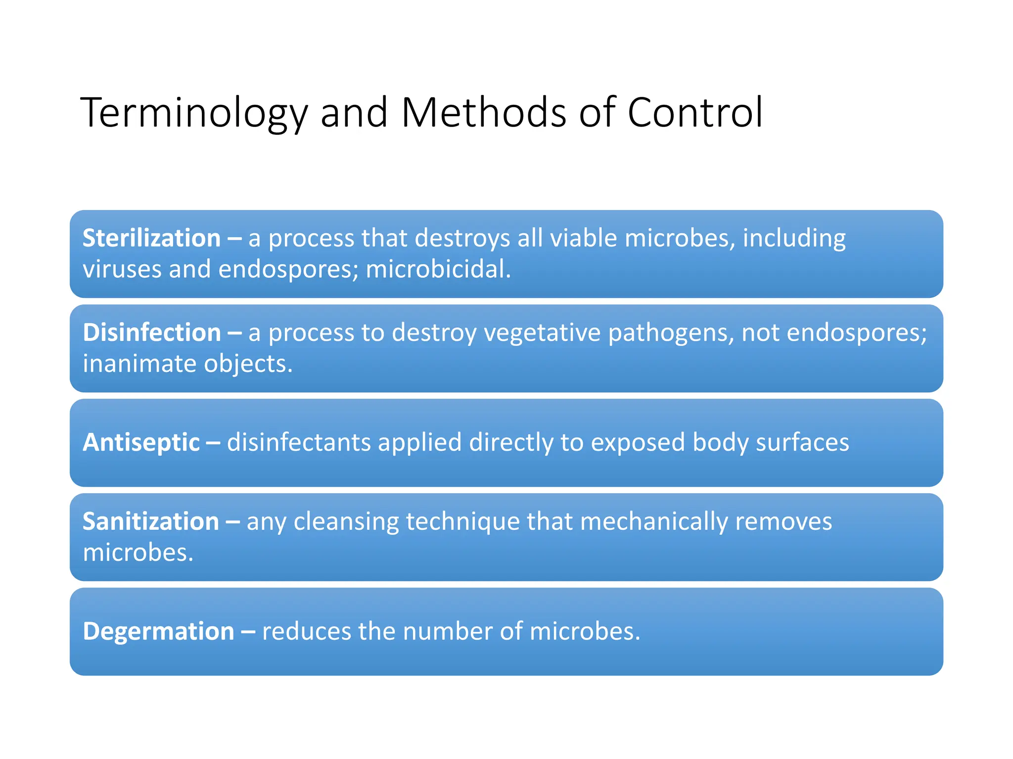 Terminology and Methods of Control
Sterilization – a process that destroys all viable microbes, including
viruses and endospores; microbicidal.
Disinfection – a process to destroy vegetative pathogens, not endospores;
inanimate objects.
Antiseptic – disinfectants applied directly to exposed body surfaces
Sanitization – any cleansing technique that mechanically removes
microbes.
Degermation – reduces the number of microbes.
 