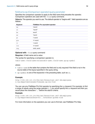 Appendix A | Valid names used in query strings

54

fieldname.op (Comparison operator) query parameter
Specifies the comparison operator to apply to the field name that precedes the operator.
Comparison operators are used with the –find query command.
Value is: The operator you want to use. The default operator is “begins with”. Valid operators are as
follows:
Keyword

FileMaker Pro equivalent operator

eq

=word

cn

*word*

bw

word*

ew

*word

gt

> word

gte

>= word

lt

< word

lte

<= word

neq

omit, word

Optional with: –find query command
Requires: A field name and a value
The syntax for specifying a comparison operator is:
table-name::field-name=value&table-name::field-name.op=op-symbol

where:

1 table-name is the table that contains the field and is only required if the field is not in the
source table of the layout specified in the query string.

1 op-symbol is one of the keywords in the preceding table, such as cn.
Example:
http://192.168.123.101/fmi/xml/fmresultset.xml?-db=employees
&-lay=departments&name=Tim&name.op=cn&-find

You can use any FileMaker Pro find operator by specifying the bw keyword. For example, to find
a range of values using the range operator (...), you would specify the bw keyword and then you
would place the characters “...” before the search criteria.
Example:
http://192.168.123.101/fmi/xml/fmresultset.xml?-db=employees
&-lay=departments&IDnum=915...925&IDnum.op=bw&-find

For more information on the operators you can use to find text, see FileMaker Pro Help.

 