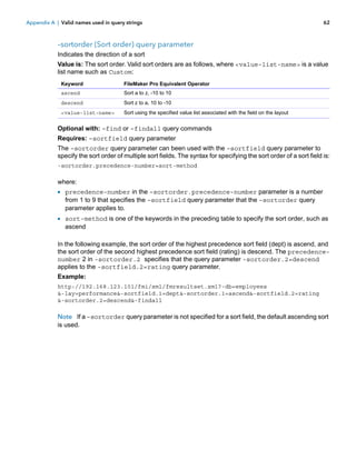 Appendix A | Valid names used in query strings

62

–sortorder (Sort order) query parameter
Indicates the direction of a sort
Value is: The sort order. Valid sort orders are as follows, where <value-list-name> is a value
list name such as Custom:
Keyword

FileMaker Pro Equivalent Operator

ascend

Sort a to z, -10 to 10

descend

Sort z to a, 10 to -10

<value-list-name>

Sort using the specified value list associated with the field on the layout

Optional with: –find or –findall query commands
Requires: –sortfield query parameter
The –sortorder query parameter can been used with the –sortfield query parameter to
specify the sort order of multiple sort fields. The syntax for specifying the sort order of a sort field is:
-sortorder.precedence-number=sort-method

where:

1 precedence-number in the –sortorder.precedence-number parameter is a number
from 1 to 9 that specifies the –sortfield query parameter that the –sortorder query
parameter applies to.

1 sort-method is one of the keywords in the preceding table to specify the sort order, such as
ascend

In the following example, the sort order of the highest precedence sort field (dept) is ascend, and
the sort order of the second highest precedence sort field (rating) is descend. The precedencenumber 2 in -sortorder.2 specifies that the query parameter -sortorder.2=descend
applies to the -sortfield.2=rating query parameter.
Example:
http://192.168.123.101/fmi/xml/fmresultset.xml?-db=employees
&-lay=performance&-sortfield.1=dept&-sortorder.1=ascend&-sortfield.2=rating
&-sortorder.2=descend&-findall

Note If a –sortorder query parameter is not specified for a sort field, the default ascending sort
is used.

 