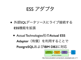 ESS
• SQL
ESS
• Actual Technologies Actual ESS
Adapter
PostgreSQL IBM DB2
http://www.actualtech.com/product_essadapter.php
 