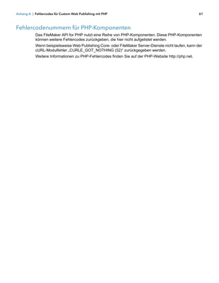 Anhang A | Fehlercodes für Custom Web Publishing mit PHP                                              61



Fehlercodenummern für PHP-Komponenten
           Das FileMaker API for PHP nutzt eine Reihe von PHP-Komponenten. Diese PHP-Komponenten
           können weitere Fehlercodes zurückgeben, die hier nicht aufgelistet werden.
           Wenn beispielsweise Web Publishing Core- oder FileMaker Server-Dienste nicht laufen, kann der
           cURL-Modulfehler „CURLE_GOT_NOTHING (52)“ zurückgegeben werden.
           Weitere Informationen zu PHP-Fehlercodes finden Sie auf der PHP-Website http://php.net.
 