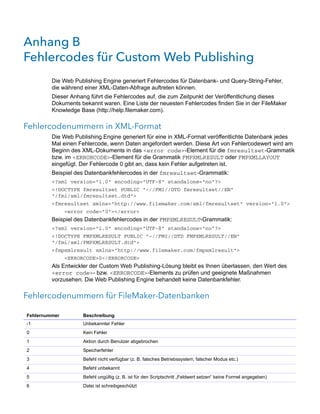 Anhang B 
Fehlercodes für Custom Web Publishing
         Die Web Publishing Engine generiert Fehlercodes für Datenbank- und Query-String-Fehler,
         die während einer XML-Daten-Abfrage auftreten können.
         Dieser Anhang führt die Fehlercodes auf, die zum Zeitpunkt der Veröffentlichung dieses
         Dokuments bekannt waren. Eine Liste der neuesten Fehlercodes finden Sie in der FileMaker
         Knowledge Base (http://help.filemaker.com).

Fehlercodenummern in XML-Format
         Die Web Publishing Engine generiert für eine in XML-Format veröffentlichte Datenbank jedes
         Mal einen Fehlercode, wenn Daten angefordert werden. Diese Art von Fehlercodewert wird am
         Beginn des XML-Dokuments in das <error code>-Element für die fmresultset-Grammatik
         bzw. im <ERRORCODE>-Element für die Grammatik FMPXMLRESULT oder FMPXMLLAYOUT
         eingefügt. Der Fehlercode 0 gibt an, dass kein Fehler aufgetreten ist.
         Beispiel des Datenbankfehlercodes in der fmresultset-Grammatik:
         <?xml version="1.0" encoding="UTF-8" standalone="no"?>
         <!DOCTYPE fmresultset PUBLIC "-//FMI//DTD fmresultset//EN"
         "/fmi/xml/fmresultset.dtd">
         <fmresultset xmlns="http://www.filemaker.com/xml/fmresultset" version="1.0">
               <error code="0"></error>
         Beispiel des Datenbankfehlercodes in der FMPXMLRESULT-Grammatik:
         <?xml version="1.0" encoding="UTF-8" standalone="no"?>
         <!DOCTYPE FMPXMLRESULT PUBLIC "-//FMI//DTD FMPXMLRESULT//EN"
         "/fmi/xml/FMPXMLRESULT.dtd">
         <fmpxmlresult xmlns="http://www.filemaker.com/fmpxmlresult">
               <ERRORCODE>0</ERRORCODE>
         Als Entwickler der Custom Web Publishing-Lösung bleibt es Ihnen überlassen, den Wert des
         <error code>- bzw. <ERRORCODE>-Elements zu prüfen und geeignete Maßnahmen
         vorzusehen. Die Web Publishing Engine behandelt keine Datenbankfehler.

Fehlercodenummern für FileMaker-Datenbanken

Fehlernummer         Beschreibung
-1                  Unbekannter Fehler
0                    Kein Fehler
1                    Aktion durch Benutzer abgebrochen
2                    Speicherfehler
3                    Befehl nicht verfügbar (z. B. falsches Betriebssystem, falscher Modus etc.)
4                    Befehl unbekannt
5                    Befehl ungültig (z. B. ist für den Scriptschritt „Feldwert setzen“ keine Formel angegeben)
6                    Datei ist schreibgeschützt
 