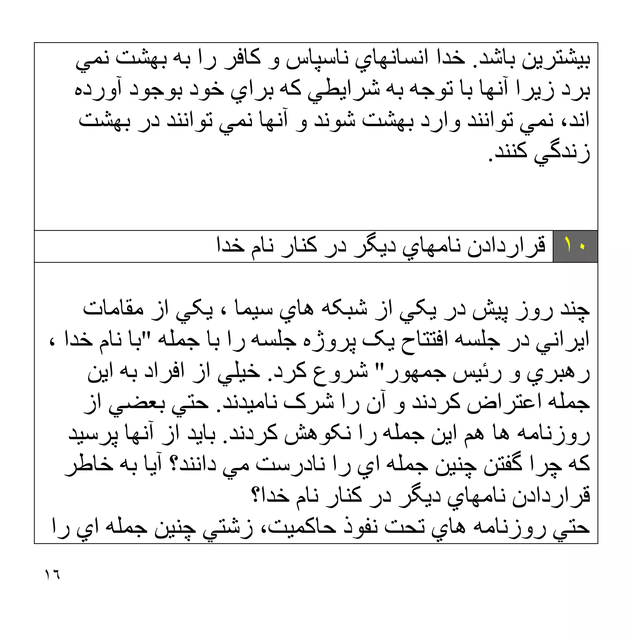 ١٦
‫ﺑﺎﺷﺪ‬ ‫ﺑﯿﺸﺘﺮﯾﻦ‬
.
‫ﻧﻤﻲ‬ ‫ﺑﮭﺸﺖ‬ ‫ﺑﮫ‬ ‫را‬ ‫ﮐﺎﻓﺮ‬ ‫و‬ ‫ﻧﺎﺳﭙﺎس‬ ‫اﻧﺴﺎﻧﮭﺎي‬ ‫ﺧﺪا‬
‫ﺑﮫ‬ ‫ﺗﻮﺟﮫ‬ ‫ﺑﺎ‬ ‫آﻧﮭﺎ‬ ‫زﯾﺮا‬ ‫ﺑﺮد‬
‫آورده‬ ‫ﺑﻮﺟﻮد‬ ‫ﺧﻮد‬ ‫ﺑﺮاي‬ ‫ﮐﮫ‬ ‫ﺷﺮاﯾﻄﻲ‬
‫ﺑﮭﺸﺖ‬ ‫در‬ ‫ﺗﻮاﻧﻨﺪ‬ ‫ﻧﻤﻲ‬ ‫آﻧﮭﺎ‬ ‫و‬ ‫ﺷﻮﻧﺪ‬ ‫ﺑﮭﺸﺖ‬ ‫وارد‬ ‫ﺗﻮاﻧﻨﺪ‬ ‫ﻧﻤﻲ‬ ،‫اﻧﺪ‬
‫ﮐﻨﻨﺪ‬ ‫زﻧﺪﮔﻲ‬
.
١٠
‫ﺧﺪا‬ ‫ﻧﺎم‬ ‫ﮐﻨﺎر‬ ‫در‬ ‫دﯾﮕﺮ‬ ‫ﻧﺎﻣﮭﺎي‬ ‫ﻗﺮاردادن‬
‫ﻣﻘﺎﻣﺎت‬ ‫از‬ ‫ﯾﮑﻲ‬ ، ‫ﺳﯿﻤﺎ‬ ‫ھﺎي‬ ‫ﺷﺒﮑﮫ‬ ‫از‬ ‫ﯾﮑﻲ‬ ‫در‬ ‫ﭘﯿﺶ‬ ‫روز‬ ‫ﭼﻨﺪ‬
‫ﺟﻤﻠﮫ‬ ‫ﺑﺎ‬ ‫را‬ ‫ﺟﻠﺴﮫ‬ ‫ﭘﺮوژه‬ ‫ﯾﮏ‬ ‫اﻓﺘﺘﺎح‬ ‫ﺟﻠﺴﮫ‬ ‫در‬ ‫اﯾﺮاﻧﻲ‬
"
‫ﺧﺪ‬ ‫ﻧﺎم‬ ‫ﺑﺎ‬
، ‫ا‬
‫ﺟﻤﮭﻮر‬ ‫رﺋﯿﺲ‬ ‫و‬ ‫رھﺒﺮي‬
"
‫ﮐﺮد‬ ‫ﺷﺮوع‬
.
‫اﯾﻦ‬ ‫ﺑﮫ‬ ‫اﻓﺮاد‬ ‫از‬ ‫ﺧﯿﻠﻲ‬
‫ﻧﺎﻣﯿﺪﻧﺪ‬ ‫ﺷﺮک‬ ‫را‬ ‫آن‬ ‫و‬ ‫ﮐﺮدﻧﺪ‬ ‫اﻋﺘﺮاض‬ ‫ﺟﻤﻠﮫ‬
.
‫از‬ ‫ﺑﻌﻀﻲ‬ ‫ﺣﺘﻲ‬
‫ﮐﺮدﻧﺪ‬ ‫ﻧﮑﻮھﺶ‬ ‫را‬ ‫ﺟﻤﻠﮫ‬ ‫اﯾﻦ‬ ‫ھﻢ‬ ‫ھﺎ‬ ‫روزﻧﺎﻣﮫ‬
.
‫ﭘﺮﺳﯿﺪ‬ ‫آﻧﮭﺎ‬ ‫از‬ ‫ﺑﺎﯾﺪ‬
‫ﺧﺎطﺮ‬ ‫ﺑﮫ‬ ‫آﯾﺎ‬ ‫داﻧﻨﺪ؟‬ ‫ﻣﻲ‬ ‫ﻧﺎدرﺳﺖ‬ ‫را‬ ‫اي‬ ‫ﺟﻤﻠﮫ‬ ‫ﭼﻨﯿﻦ‬ ‫ﮔﻔﺘﻦ‬ ‫ﭼﺮا‬ ‫ﮐﮫ‬
‫ﺧﺪ‬ ‫ﻧﺎم‬ ‫ﮐﻨﺎر‬ ‫در‬ ‫دﯾﮕﺮ‬ ‫ﻧﺎﻣﮭﺎي‬ ‫ﻗﺮاردادن‬
‫ا؟‬
‫ﺣﺎﮐﻤﯿﺖ‬ ‫ﻧﻔﻮذ‬ ‫ﺗﺤﺖ‬ ‫ھﺎي‬ ‫روزﻧﺎﻣﮫ‬ ‫ﺣﺘﻲ‬
،
‫را‬ ‫اي‬ ‫ﺟﻤﻠﮫ‬ ‫ﭼﻨﯿﻦ‬ ‫زﺷﺘﻲ‬
 