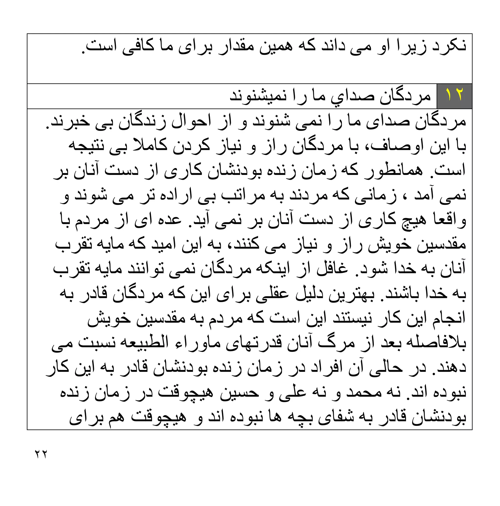 ٢٢
‫ز‬ ‫ﻧﮑﺮد‬
‫ﯾ‬
‫ﺮا‬
‫ﻣ‬ ‫او‬
‫ﯽ‬
‫ھﻤ‬ ‫ﮐﮫ‬ ‫داﻧﺪ‬
‫ﯿ‬
‫ﻦ‬
‫ﺑﺮا‬ ‫ﻣﻘﺪار‬
‫ی‬
‫ﮐﺎﻓ‬ ‫ﻣﺎ‬
‫ﯽ‬
‫اﺳﺖ‬
.
١٢
‫ﻧﻤﯿﺸﻨﻮﻧﺪ‬ ‫را‬ ‫ﻣﺎ‬ ‫ﺻﺪاي‬ ‫ﻣﺮدﮔﺎن‬
‫ﺻﺪا‬ ‫ﻣﺮدﮔﺎن‬
‫ی‬
‫ﻧﻤ‬ ‫را‬ ‫ﻣﺎ‬
‫ﯽ‬
‫ﺑ‬ ‫زﻧﺪﮔﺎن‬ ‫اﺣﻮال‬ ‫از‬ ‫و‬ ‫ﺷﻨﻮﻧﺪ‬
‫ﯽ‬
‫ﺧﺒﺮﻧﺪ‬
.
‫ا‬ ‫ﺑﺎ‬
‫ﯾ‬
‫ﻦ‬
‫ﻧ‬ ‫و‬ ‫راز‬ ‫ﻣﺮدﮔﺎن‬ ‫ﺑﺎ‬ ،‫اوﺻﺎف‬
‫ﯿ‬
‫ﺎز‬
‫ﺑ‬ ‫ﮐﺎﻣﻼ‬ ‫ﮐﺮدن‬
‫ﯽ‬
‫ﻧﺘ‬
‫ﯿ‬
‫ﺠﮫ‬
‫اﺳﺖ‬
.
‫ﮐﺎر‬ ‫ﺑﻮدﻧﺸﺎن‬ ‫زﻧﺪه‬ ‫زﻣﺎن‬ ‫ﮐﮫ‬ ‫ھﻤﺎﻧﻄﻮر‬
‫ی‬
‫ﺑﺮ‬ ‫آﻧﺎن‬ ‫دﺳﺖ‬ ‫از‬
‫ﻧﻤ‬
‫ﯽ‬
‫زﻣﺎﻧ‬ ، ‫آﻣﺪ‬
‫ﯽ‬
‫ﺑ‬ ‫ﻣﺮاﺗﺐ‬ ‫ﺑﮫ‬ ‫ﻣﺮدﻧﺪ‬ ‫ﮐﮫ‬
‫ﯽ‬
‫ﻣ‬ ‫ﺗﺮ‬ ‫اراده‬
‫ﯽ‬
‫و‬ ‫ﺷﻮﻧﺪ‬
‫ھ‬ ‫واﻗﻌﺎ‬
‫ﯿ‬
‫ﭻ‬
‫ﮐﺎر‬
‫ی‬
‫ﻧﻤ‬ ‫ﺑﺮ‬ ‫آﻧﺎن‬ ‫دﺳﺖ‬ ‫از‬
‫ﯽ‬
‫آ‬
‫ﯾ‬
‫ﺪ‬
.
‫ا‬ ‫ﻋﺪه‬
‫ی‬
‫ﺑﺎ‬ ‫ﻣﺮدم‬ ‫از‬
‫ﻣﻘﺪﺳ‬
‫ﯿ‬
‫ﻦ‬
‫ﺧﻮ‬
‫ﯾ‬
‫ﺶ‬
‫ﻧ‬ ‫و‬ ‫راز‬
‫ﯿ‬
‫ﺎز‬
‫ﻣ‬
‫ﯽ‬
‫ا‬ ‫ﺑﮫ‬ ،‫ﮐﻨﻨﺪ‬
‫ﯾ‬
‫ﻦ‬
‫اﻣ‬
‫ﯿ‬
‫ﺪ‬
‫ﻣﺎ‬ ‫ﮐﮫ‬
‫ﯾ‬
‫ﮫ‬
‫ﺗﻘﺮب‬
‫ﺷﻮد‬ ‫ﺧﺪا‬ ‫ﺑﮫ‬ ‫آﻧﺎن‬
.
‫ا‬ ‫از‬ ‫ﻏﺎﻓﻞ‬
‫ﯾ‬
‫ﻨﮑﮫ‬
‫ﻣﺮدﮔﺎ‬
‫ﻧﻤ‬ ‫ن‬
‫ﯽ‬
‫ﻣﺎ‬ ‫ﺗﻮاﻧﻨﺪ‬
‫ﯾ‬
‫ﮫ‬
‫ﺗﻘﺮب‬
‫ﺑﺎﺷﻨﺪ‬ ‫ﺧﺪا‬ ‫ﺑﮫ‬
.
‫ﺑﮭﺘﺮ‬
‫ﯾ‬
‫ﻦ‬
‫دﻟ‬
‫ﯿ‬
‫ﻞ‬
‫ﻋﻘﻠ‬
‫ﯽ‬
‫ﺑﺮا‬
‫ی‬
‫ا‬
‫ﯾ‬
‫ﻦ‬
‫ﺑﮫ‬ ‫ﻗﺎدر‬ ‫ﻣﺮدﮔﺎن‬ ‫ﮐﮫ‬
‫ا‬ ‫اﻧﺠﺎم‬
‫ﯾ‬
‫ﻦ‬
‫ﻧ‬ ‫ﮐﺎر‬
‫ﯿ‬
‫ﺴﺘﻨﺪ‬
‫ا‬
‫ﯾ‬
‫ﻦ‬
‫ﻣﻘﺪﺳ‬ ‫ﺑﮫ‬ ‫ﻣﺮدم‬ ‫ﮐﮫ‬ ‫اﺳﺖ‬
‫ﯿ‬
‫ﻦ‬
‫ﺧﻮ‬
‫ﯾ‬
‫ﺶ‬
‫ﻗﺪرﺗﮭﺎ‬ ‫آﻧﺎن‬ ‫ﻣﺮگ‬ ‫از‬ ‫ﺑﻌﺪ‬ ‫ﺑﻼﻓﺎﺻﻠﮫ‬
‫ی‬
‫اﻟﻄﺒ‬ ‫ﻣﺎوراء‬
‫ﯿ‬
‫ﻌﮫ‬
‫ﻣ‬ ‫ﻧﺴﺒﺖ‬
‫ﯽ‬
‫دھﻨﺪ‬
.
‫ﺣﺎﻟ‬ ‫در‬
‫ﯽ‬
‫ا‬ ‫ﺑﮫ‬ ‫ﻗﺎدر‬ ‫ﺑﻮدﻧﺸﺎن‬ ‫زﻧﺪه‬ ‫زﻣﺎن‬ ‫در‬ ‫اﻓﺮاد‬ ‫آن‬
‫ﯾ‬
‫ﻦ‬
‫ﮐﺎر‬
‫ا‬ ‫ﻧﺒﻮده‬
‫ﻧﺪ‬
.
‫ﻋﻠ‬ ‫ﻧﮫ‬ ‫و‬ ‫ﻣﺤﻤﺪ‬ ‫ﻧﮫ‬
‫ﯽ‬
‫ﺣﺴ‬ ‫و‬
‫ﯿ‬
‫ﻦ‬
‫ھ‬
‫ﯿ‬
‫ﭽﻮﻗﺖ‬
‫زﻧﺪه‬ ‫زﻣﺎن‬ ‫در‬
‫ﺷﻔﺎ‬ ‫ﺑﮫ‬ ‫ﻗﺎدر‬ ‫ﺑﻮدﻧﺸﺎن‬
‫ی‬
‫ھ‬ ‫و‬ ‫اﻧﺪ‬ ‫ﻧﺒﻮده‬ ‫ھﺎ‬ ‫ﺑﭽﮫ‬
‫ﯿ‬
‫ﭽﻮﻗﺖ‬
‫ﺑﺮا‬ ‫ھﻢ‬
‫ی‬
 