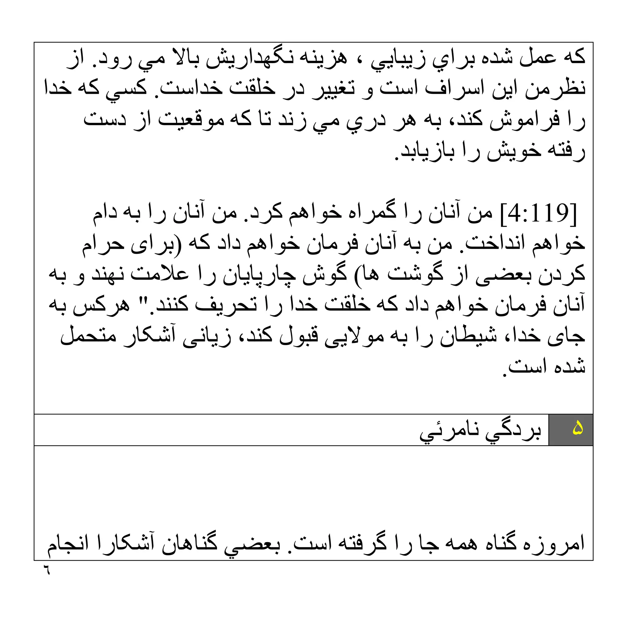 ٦
‫رود‬ ‫ﻣﻲ‬ ‫ﺑﺎﻻ‬ ‫ﻧﮕﮭﺪارﯾﺶ‬ ‫ھﺰﯾﻨﮫ‬ ، ‫زﯾﺒﺎﯾﻲ‬ ‫ﺑﺮاي‬ ‫ﺷﺪه‬ ‫ﻋﻤﻞ‬ ‫ﮐﮫ‬
.
‫از‬
‫ﺧﺪاﺳﺖ‬ ‫ﺧﻠﻘﺖ‬ ‫در‬ ‫ﺗﻐﯿﯿﺮ‬ ‫و‬ ‫اﺳﺖ‬ ‫اﺳﺮاف‬ ‫اﯾﻦ‬ ‫ﻧﻈﺮﻣﻦ‬
.
‫ﺧﺪا‬ ‫ﻛﮫ‬ ‫ﻛﺴﻲ‬
‫دﺳﺖ‬ ‫از‬ ‫ﻣﻮﻗﻌﯿﺖ‬ ‫ﻛﮫ‬ ‫ﺗﺎ‬ ‫زﻧﺪ‬ ‫ﻣﻲ‬ ‫دري‬ ‫ھﺮ‬ ‫ﺑﮫ‬ ،‫ﻛﻨﺪ‬ ‫ﻓﺮاﻣﻮش‬ ‫را‬
‫ﺑﺎزﯾﺎﺑﺪ‬ ‫را‬ ‫ﺧﻮﯾﺶ‬ ‫رﻓﺘﮫ‬
.
[4:119]
‫ﮐﺮد‬ ‫ﺧﻮاھﻢ‬ ‫ﮔﻤﺮاه‬ ‫را‬ ‫آﻧﺎن‬ ‫ﻣﻦ‬
.
‫دا‬ ‫ﺑﮫ‬ ‫را‬ ‫آﻧﺎن‬ ‫ﻣﻦ‬
‫م‬
‫اﻧﺪاﺧﺖ‬ ‫ﺧﻮاھﻢ‬
.
‫ﺑﮫ‬ ‫ﻣﻦ‬
‫ﮐﮫ‬ ‫داد‬ ‫ﺧﻮاھﻢ‬ ‫ﻓﺮﻣﺎن‬ ‫آﻧﺎن‬
)
‫ﺣﺮام‬ ‫ﺑﺮای‬
‫ھﺎ‬ ‫ﮔﻮﺷﺖ‬ ‫از‬ ‫ﺑﻌﻀﯽ‬ ‫ﻛﺮدن‬
(
‫ﻋﻼﻣﺖ‬ ‫را‬ ‫ﭼﺎرﭘﺎﯾﺎن‬ ‫ﮔﻮش‬
‫ﺑﮫ‬ ‫و‬ ‫ﻧﮭﻨﺪ‬
‫ﮐﻨﻨﺪ‬ ‫ﺗﺤﺮﯾﻒ‬ ‫را‬ ‫ﺧﺪا‬ ‫ﺧﻠﻘﺖ‬ ‫ﮐﮫ‬ ‫داد‬ ‫ﺧﻮاھﻢ‬ ‫ﻓﺮﻣﺎن‬ ‫آﻧﺎن‬
".
‫ﺑﮫ‬ ‫ھﺮﮐﺲ‬
،‫ﺧﺪا‬ ‫ﺟﺎی‬
‫ﻣﺘﺤﻤﻞ‬ ‫آﺷﮑﺎر‬ ‫زﯾﺎﻧﯽ‬ ،‫ﮐﻨﺪ‬ ‫ﻗﺒﻮل‬ ‫ﻣﻮﻻﯾﯽ‬ ‫ﺑﮫ‬ ‫را‬ ‫ﺷﯿﻄﺎن‬
‫اﺳﺖ‬ ‫ﺷﺪه‬
.
۵
‫ﻧﺎﻣﺮﺋﻲ‬ ‫ﺑﺮدﮔﻲ‬
‫اﻣﺮ‬
‫اﺳﺖ‬ ‫ﮔﺮﻓﺘﮫ‬ ‫را‬ ‫ﺟﺎ‬ ‫ھﻤﮫ‬ ‫ﮔﻨﺎه‬ ‫وزه‬
.
‫اﻧﺠﺎم‬ ‫آﺷﮑﺎرا‬ ‫ﮔﻨﺎھﺎن‬ ‫ﺑﻌﻀﻲ‬
 