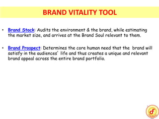 • Brand Stock: Audits the environment & the brand, while estimating
the market size, and arrives at the Brand Soul relevant to them.
• Brand Prospect: Determines the core human need that the brand will
satisfy in the audiences’ life and thus creates a unique and relevant
brand appeal across the entire brand portfolio.
BRAND VITALITY TOOL
 