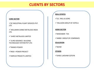 REAL ESTATES
D.C. PAUL & SONS
 PAULSON GROUP OF HOTELS
AGRO SECTOR
MAKAIBARI TEA
AMBO GROUP OF COMPANIES
EDUCATION
NSHM
OTHERS
SHREE LAKSHMI COTSYN
CORE SECTOR
DC INDUSTRIAL PLANT SERVICES PVT.
LTD.
 WELLMAN CARBO METALICKS INDIA
LTD.
 SHREE METALICKS LIMITED
 EURO ADVANCE BUILDING
TECHNOLOGY SYSTEM PVT LTD.
TANNEX POWER
INDO –POWER PROJECT
SIMPLEX PROJECTS LIMITED
CLIENTS BY SECTORS
 