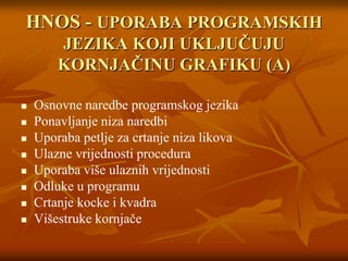 HNOS - UPORABA PROGRAMSKIH JEZIKA KOJI UKLJUČUJU KORNJAČINU GRAFIKU (A)Osnovne naredbe programskog jezika Ponavljanje niza naredbi Uporaba petlje za crtanje niza likova Ulazne vrijednosti procedura Uporaba više ulaznih vrijednosti Odluke u programu Crtanje kocke i kvadra Višestruke kornjače 