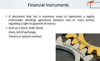 Financial Instruments
• A document that has a monetary value or represents a legally
enforceable (binding) agreement between two or more parties
regarding a right to payment of money
• Such as a check, draft, bond,
share, bill of exchange,
futures or options contract
 
