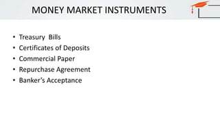 MONEY MARKET INSTRUMENTS
• Treasury Bills
• Certificates of Deposits
• Commercial Paper
• Repurchase Agreement
• Banker’s Acceptance
 