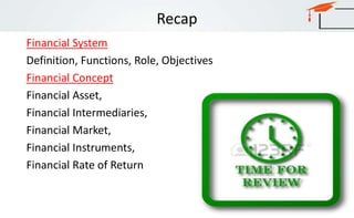 Recap
Financial System
Definition, Functions, Role, Objectives
Financial Concept
Financial Asset,
Financial Intermediaries,
Financial Market,
Financial Instruments,
Financial Rate of Return
 