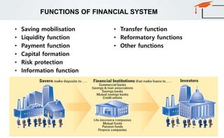 FUNCTIONS OF FINANCIAL SYSTEM
• Saving mobilisation
• Liquidity function
• Payment function
• Capital formation
• Risk protection
• Information function
• Transfer function
• Reformatory functions
• Other functions
 