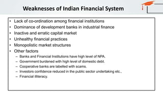 Weaknesses of Indian Financial System
• Lack of co-ordination among financial institutions
• Dominance of development banks in industrial finance
• Inactive and erratic capital market
• Unhealthy financial practices
• Monopolistic market structures
• Other factors
– Banks and Financial Institutions have high level of NPA.
– Government burdened with high level of domestic debt.
– Cooperative banks are labelled with scams.
– Investors confidence reduced in the public sector undertaking etc.,
– Financial illiteracy.
 