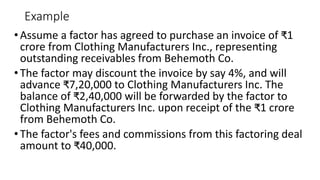 Example
•Assume a factor has agreed to purchase an invoice of ₹1
crore from Clothing Manufacturers Inc., representing
outstanding receivables from Behemoth Co.
•The factor may discount the invoice by say 4%, and will
advance ₹7,20,000 to Clothing Manufacturers Inc. The
balance of ₹2,40,000 will be forwarded by the factor to
Clothing Manufacturers Inc. upon receipt of the ₹1 crore
from Behemoth Co.
•The factor's fees and commissions from this factoring deal
amount to ₹40,000.
 