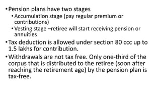 •Pension plans have two stages
• Accumulation stage (pay regular premium or
contributions)
• Vesting stage –retiree will start receiving pension or
annuities
•Tax deduction is allowed under section 80 ccc up to
1.5 lakhs for contribution.
•Withdrawals are not tax free. Only one-third of the
corpus that is distributed to the retiree (soon after
reaching the retirement age) by the pension plan is
tax-free.
 