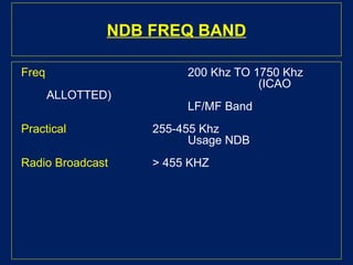 NDB FREQ BAND
Freq 200 Khz TO 1750 Khz
(ICAO
ALLOTTED)
LF/MF Band
Practical 255-455 Khz
Usage NDB
Radio Broadcast > 455 KHZ
 