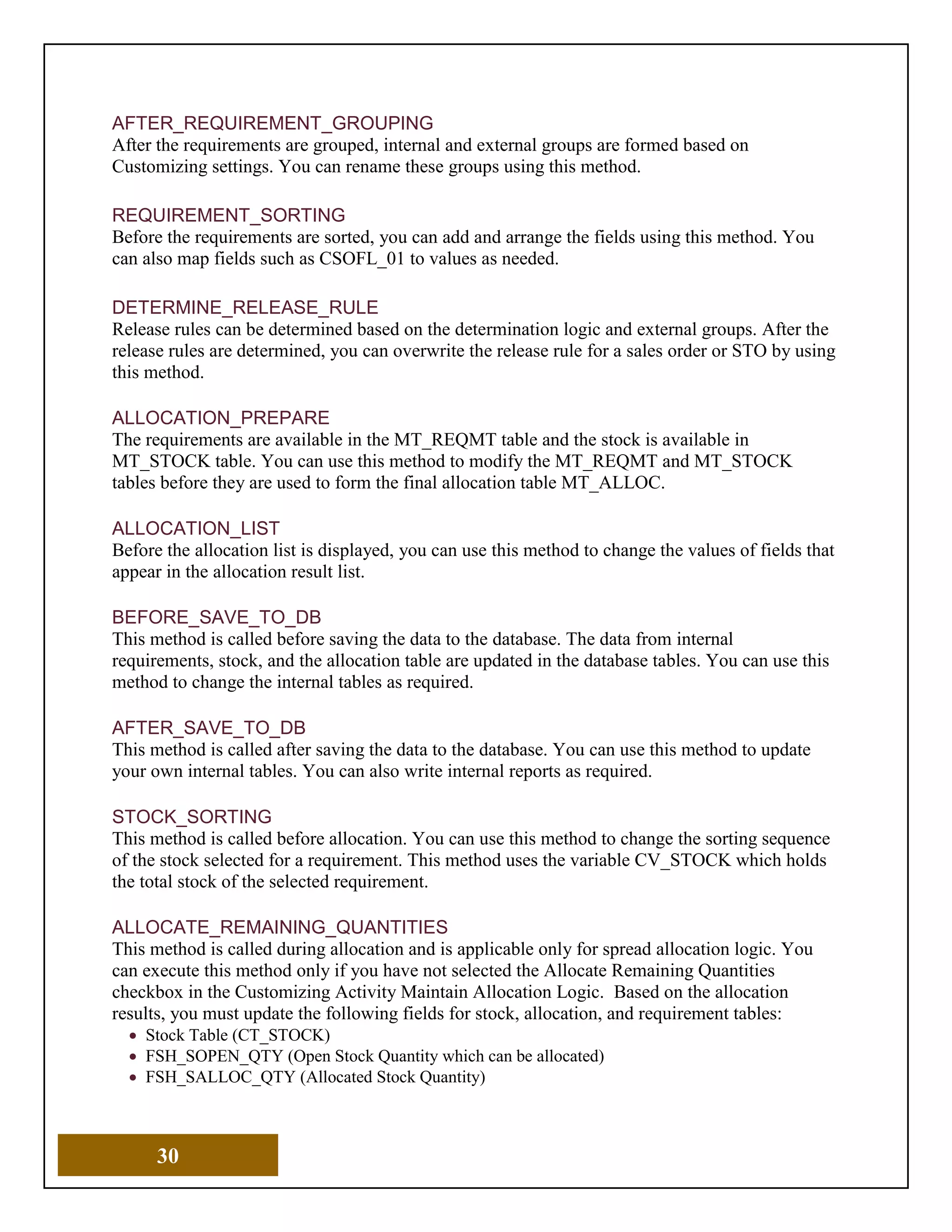 30
AFTER_REQUIREMENT_GROUPING
After the requirements are grouped, internal and external groups are formed based on
Customizing settings. You can rename these groups using this method.
REQUIREMENT_SORTING
Before the requirements are sorted, you can add and arrange the fields using this method. You
can also map fields such as CSOFL_01 to values as needed.
DETERMINE_RELEASE_RULE
Release rules can be determined based on the determination logic and external groups. After the
release rules are determined, you can overwrite the release rule for a sales order or STO by using
this method.
ALLOCATION_PREPARE
The requirements are available in the MT_REQMT table and the stock is available in
MT_STOCK table. You can use this method to modify the MT_REQMT and MT_STOCK
tables before they are used to form the final allocation table MT_ALLOC.
ALLOCATION_LIST
Before the allocation list is displayed, you can use this method to change the values of fields that
appear in the allocation result list.
BEFORE_SAVE_TO_DB
This method is called before saving the data to the database. The data from internal
requirements, stock, and the allocation table are updated in the database tables. You can use this
method to change the internal tables as required.
AFTER_SAVE_TO_DB
This method is called after saving the data to the database. You can use this method to update
your own internal tables. You can also write internal reports as required.
STOCK_SORTING
This method is called before allocation. You can use this method to change the sorting sequence
of the stock selected for a requirement. This method uses the variable CV_STOCK which holds
the total stock of the selected requirement.
ALLOCATE_REMAINING_QUANTITIES
This method is called during allocation and is applicable only for spread allocation logic. You
can execute this method only if you have not selected the Allocate Remaining Quantities
checkbox in the Customizing Activity Maintain Allocation Logic. Based on the allocation
results, you must update the following fields for stock, allocation, and requirement tables:
• Stock Table (CT_STOCK)
• FSH_SOPEN_QTY (Open Stock Quantity which can be allocated)
• FSH_SALLOC_QTY (Allocated Stock Quantity)
 