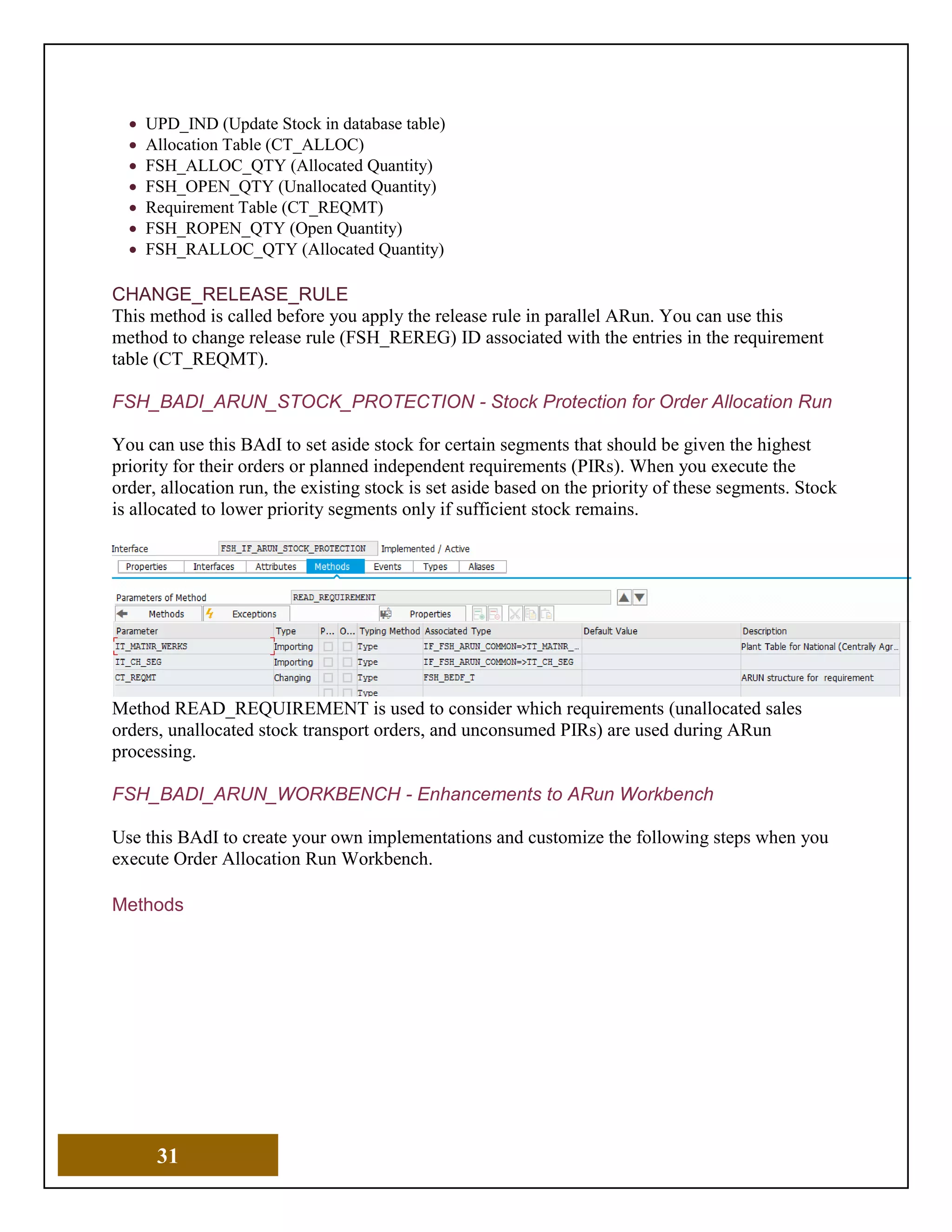 31
• UPD_IND (Update Stock in database table)
• Allocation Table (CT_ALLOC)
• FSH_ALLOC_QTY (Allocated Quantity)
• FSH_OPEN_QTY (Unallocated Quantity)
• Requirement Table (CT_REQMT)
• FSH_ROPEN_QTY (Open Quantity)
• FSH_RALLOC_QTY (Allocated Quantity)
CHANGE_RELEASE_RULE
This method is called before you apply the release rule in parallel ARun. You can use this
method to change release rule (FSH_REREG) ID associated with the entries in the requirement
table (CT_REQMT).
FSH_BADI_ARUN_STOCK_PROTECTION - Stock Protection for Order Allocation Run
You can use this BAdI to set aside stock for certain segments that should be given the highest
priority for their orders or planned independent requirements (PIRs). When you execute the
order, allocation run, the existing stock is set aside based on the priority of these segments. Stock
is allocated to lower priority segments only if sufficient stock remains.
Method READ_REQUIREMENT is used to consider which requirements (unallocated sales
orders, unallocated stock transport orders, and unconsumed PIRs) are used during ARun
processing.
FSH_BADI_ARUN_WORKBENCH - Enhancements to ARun Workbench
Use this BAdI to create your own implementations and customize the following steps when you
execute Order Allocation Run Workbench.
Methods
 