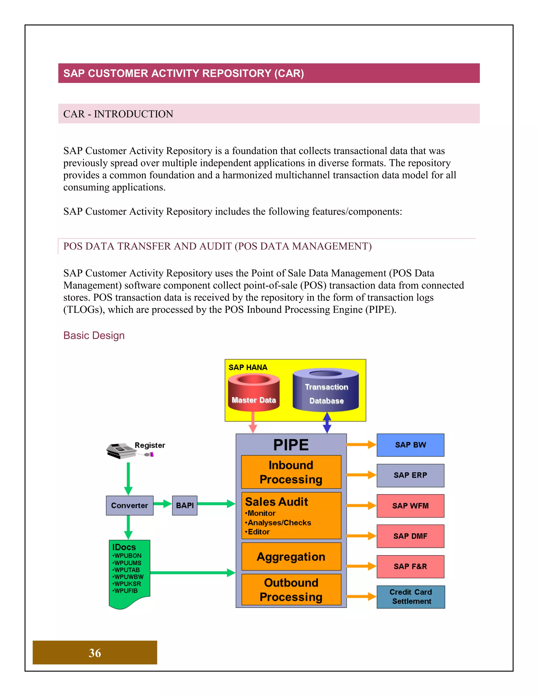 36
SAP CUSTOMER ACTIVITY REPOSITORY (CAR)
CAR - INTRODUCTION
SAP Customer Activity Repository is a foundation that collects transactional data that was
previously spread over multiple independent applications in diverse formats. The repository
provides a common foundation and a harmonized multichannel transaction data model for all
consuming applications.
SAP Customer Activity Repository includes the following features/components:
POS DATA TRANSFER AND AUDIT (POS DATA MANAGEMENT)
SAP Customer Activity Repository uses the Point of Sale Data Management (POS Data
Management) software component collect point-of-sale (POS) transaction data from connected
stores. POS transaction data is received by the repository in the form of transaction logs
(TLOGs), which are processed by the POS Inbound Processing Engine (PIPE).
Basic Design
 