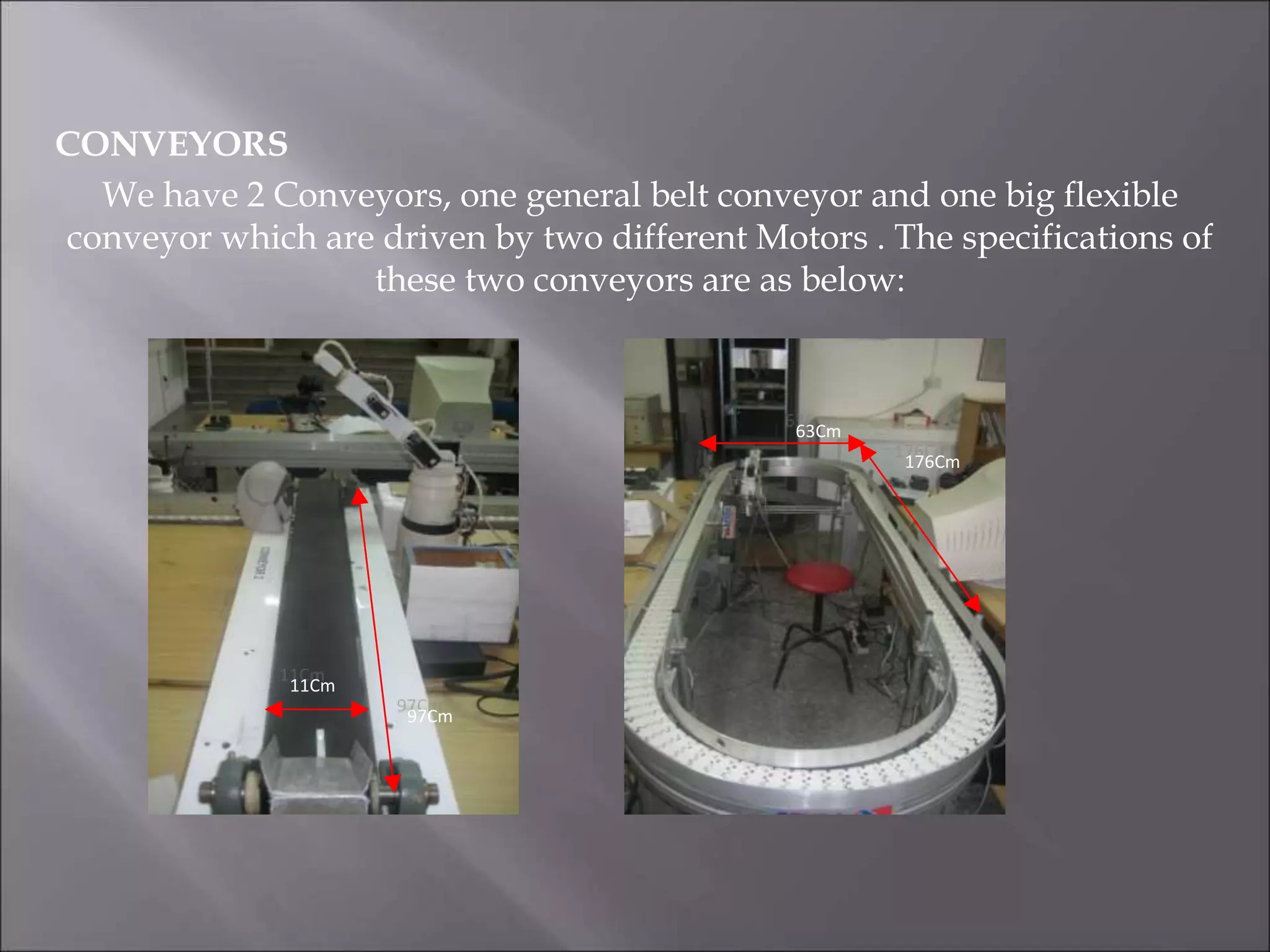 CONVEYORS
We have 2 Conveyors, one general belt conveyor and one big flexible
conveyor which are driven by two different Motors . The specifications of
these two conveyors are as below:
11Cm
97Cm
63Cm
176Cm
 