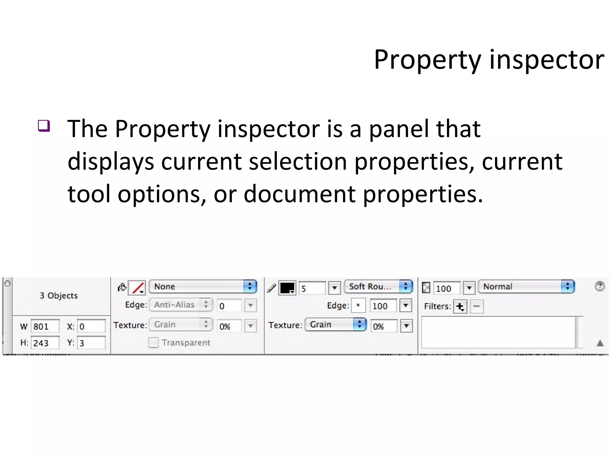Property inspector The Property inspector is a panel that displays current selection properties, current tool options, or document properties.  